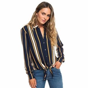 Roxy  Long Sleeve Tie-Front Shirt NWT Blue/White/Mustard Stripes